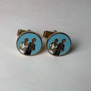 Vintage Creation House Enamel Couple Portrait Cufflinks Gold Tone Men Wedding